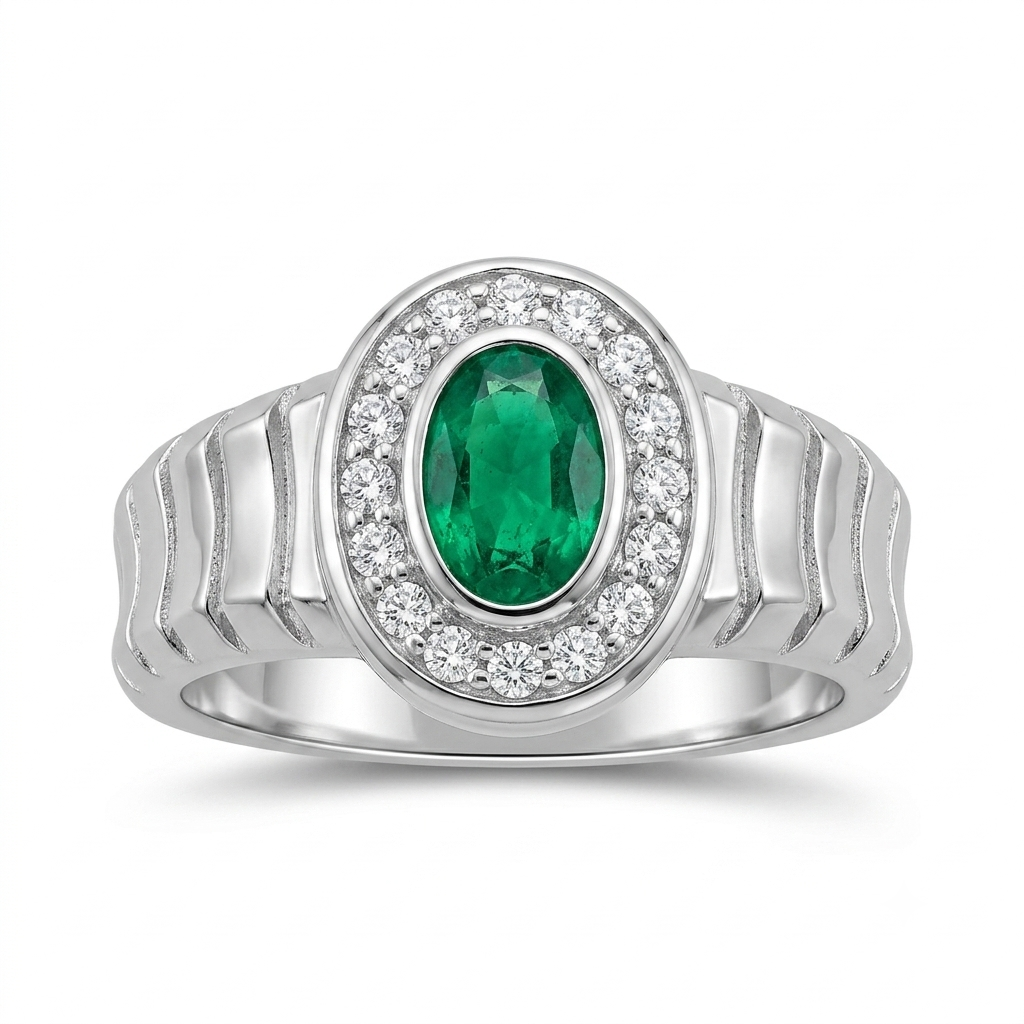 SYLVEXIA Oval Cut Green Emerald Halo Ring in 925 Sterling Silver with CZ Accents for Women