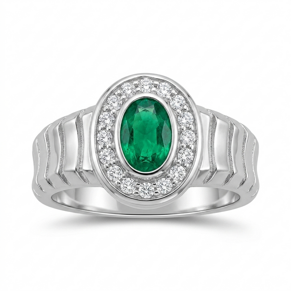 SYLVEXIA Oval Cut Green Emerald Halo Ring in 925 Sterling Silver with CZ Accents for Women