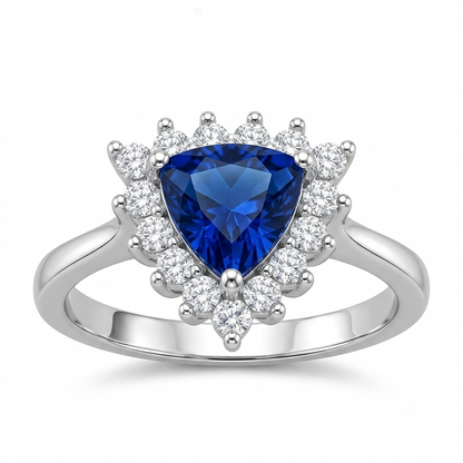 SYLVEXIA Trillion Cut Blue Sapphire Halo Ring for Women in 925 Sterling Silver with Cubic Zirconia Accents