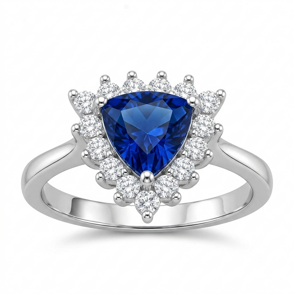 SYLVEXIA Trillion Cut Blue Sapphire Halo Ring for Women in 925 Sterling Silver with Cubic Zirconia Accents