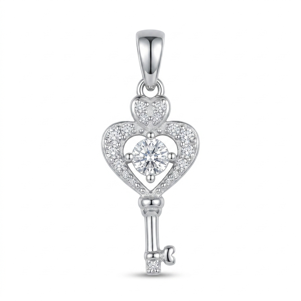Sylvexia 925 Sterling Silver Heart Key Pendant for Women with CZ