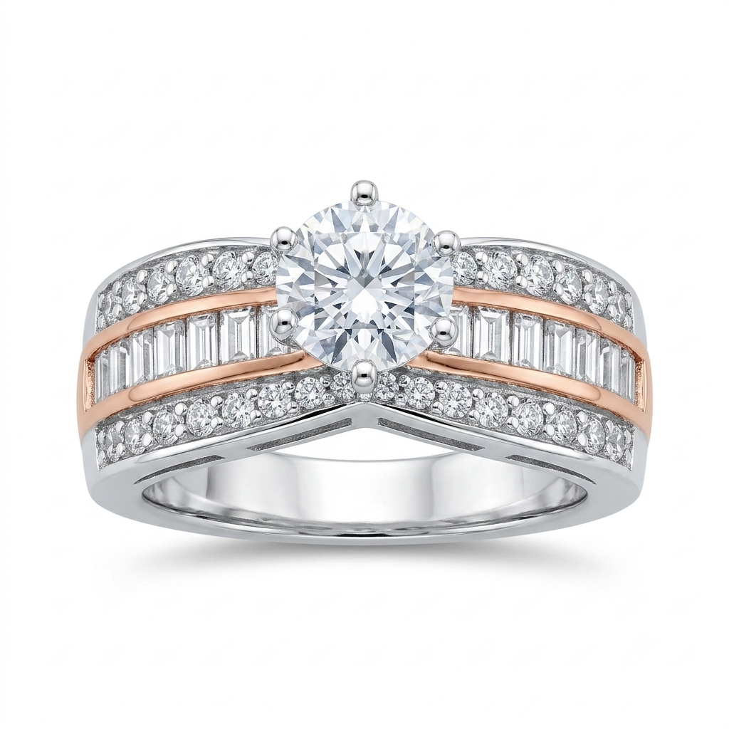Sylvexia 925 Sterling Silver Two-Tone Round Solitaire CZ Ring for Women