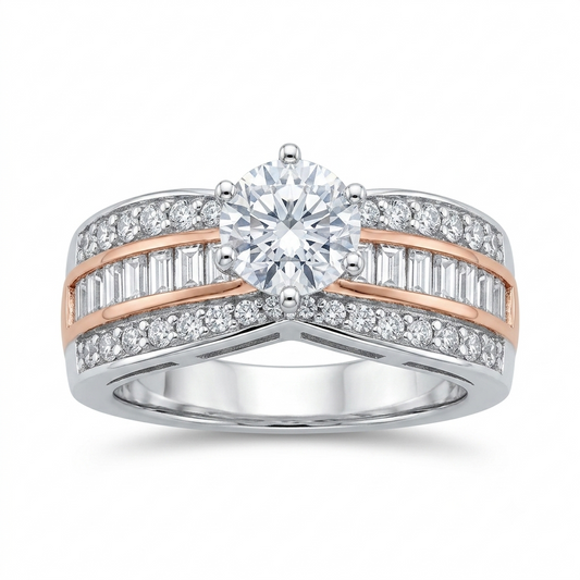 Sylvexia 925 Sterling Silver Two-Tone Round Solitaire CZ Ring for Women