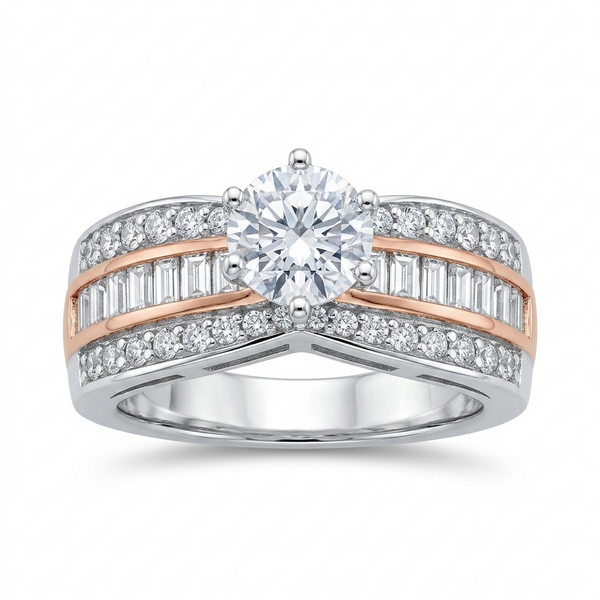 Sylvexia 925 Sterling Silver Two-Tone Round Solitaire CZ Ring for Women