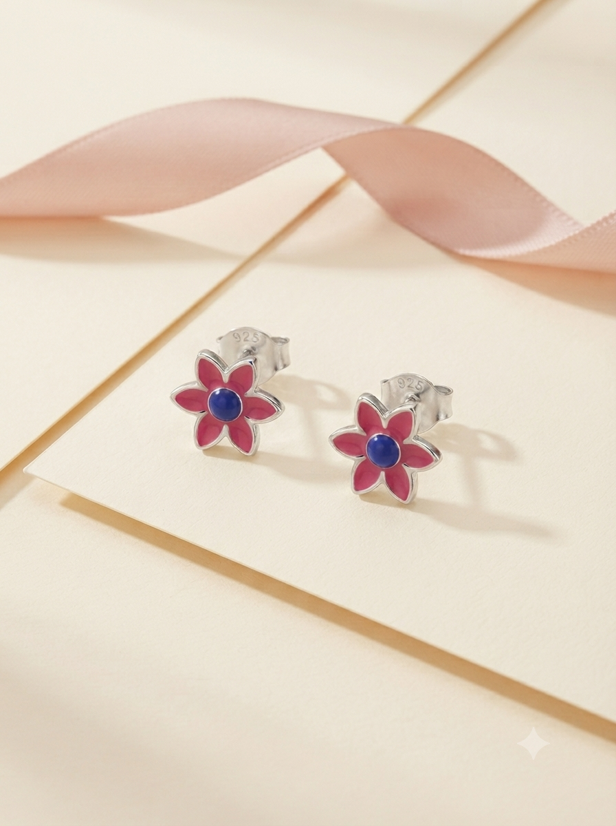 SYLVEXIA 925 Sterling Silver Pink Floral Stud Earrings for Girls
