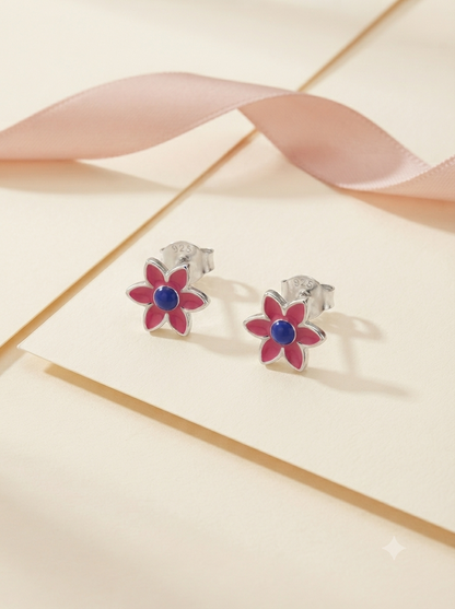 SYLVEXIA 925 Sterling Silver Pink Floral Stud Earrings for Girls