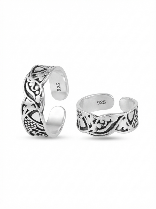 SYLVEXIA 925 Sterling Silver Adjustable Oxidized Floral Toe Rings for Women