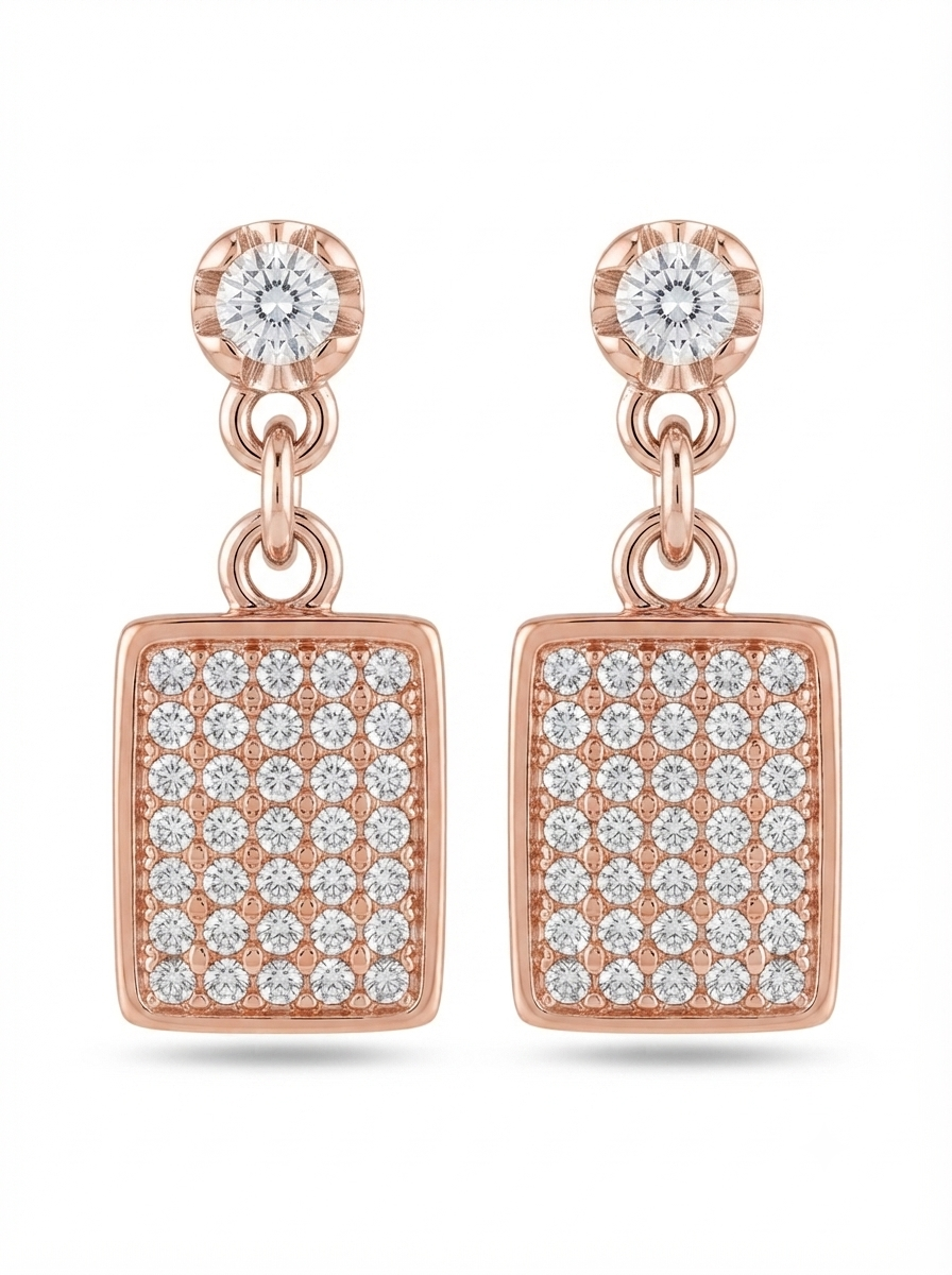 SYLVEXIA Women Rose Gold Crystal Studded Rectangle Earrings