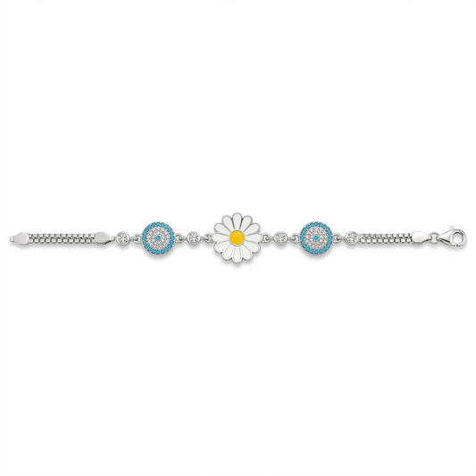 SYLVEXIA 925 Sterling Silver Daisy Flower Bracelet with Blue CZ Halo Accents for Women