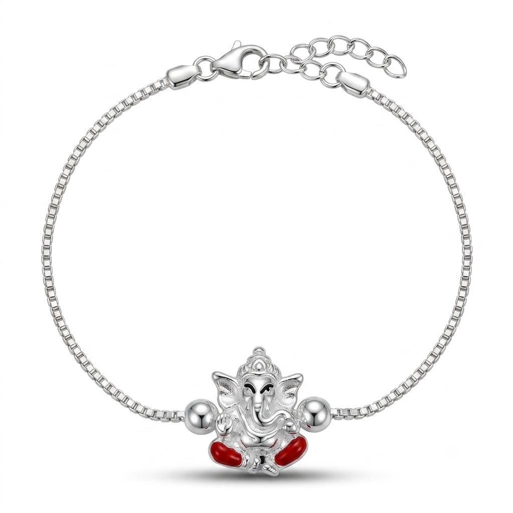 SYLVEXIA 925 Sterling Silver Red Ganesha Rakhi Bracelet for Brother