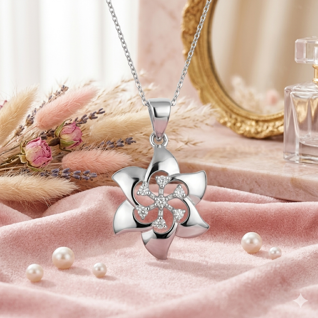 Sylvexia 925 Sterling Silver Floral Pendant for Women with Cubic Zirconia
