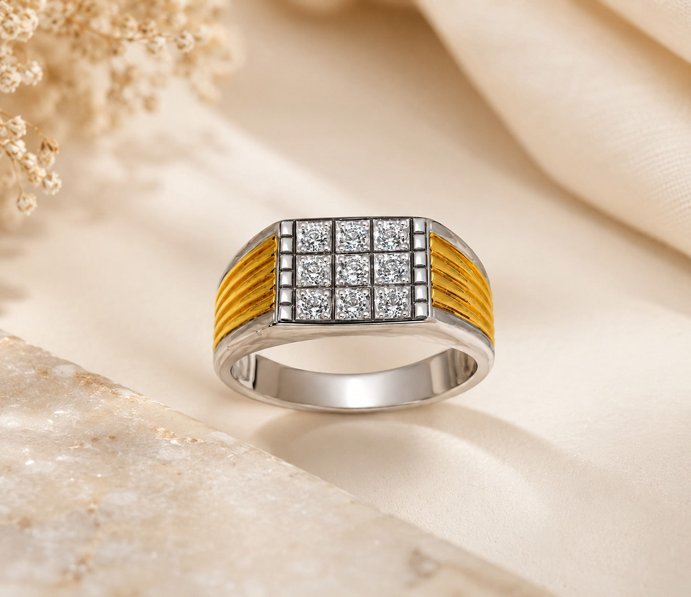 Two Tone 925 Sterling Silver Mens Square CZ Signet Ring