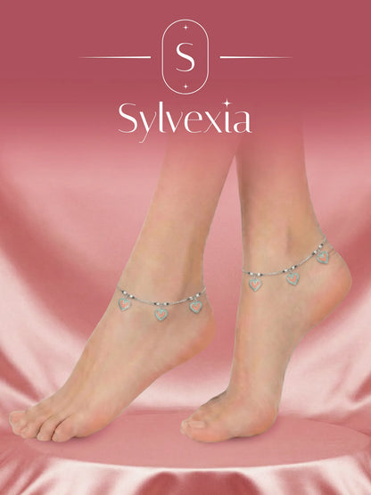 Sylvexia 925 Sterling Silver Dual Heart Charm Anklet for Women