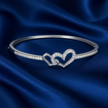 Elegant Double Heart Diamond Bangle Bracelet – Silver Crystal Cuff for Women