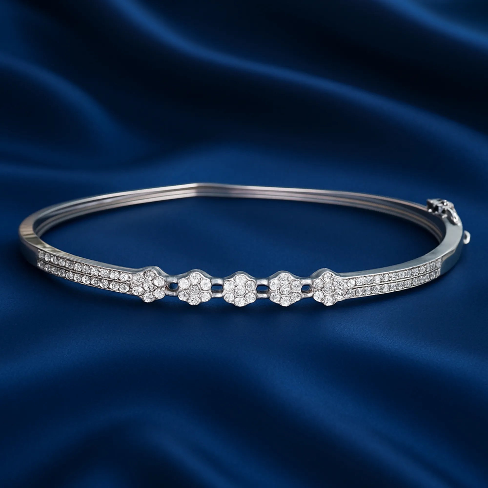 925 Sterling Silver Diamond-Style Floral Bangle Bracelet