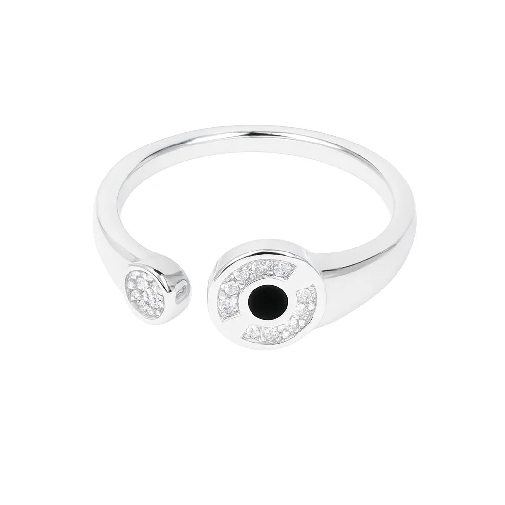 925 Sterling Silver Dual Circle Ring for Women Black Stone & Sparkling Design