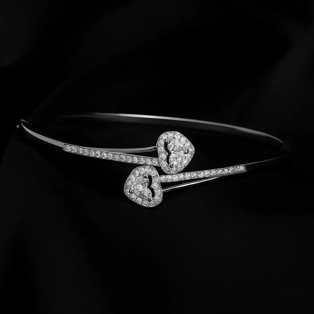 Elegant Double Heart Diamond Bracelet – Silver Open Cuff Bangle for Women