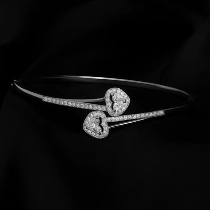 Elegant Double Heart Diamond Bracelet – Silver Open Cuff Bangle for Women