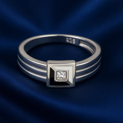 925 Sterling Silver Square Black Enamel Stone Ring for Women