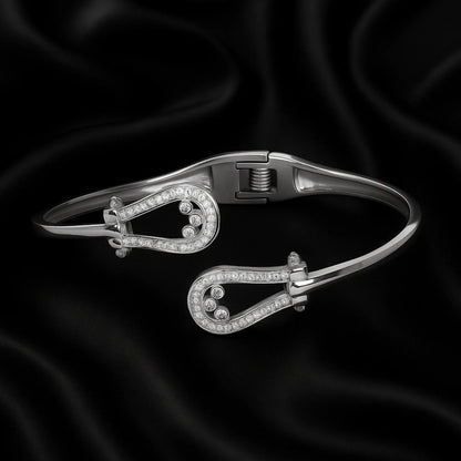 Elegant Horseshoe Diamond Bangle Bracelet – Silver Lucky Charm Cuff for Women