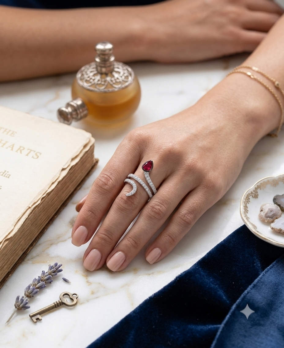 925 Sterling Silver Snake Wrap CZ Ring with Red Pear Stone