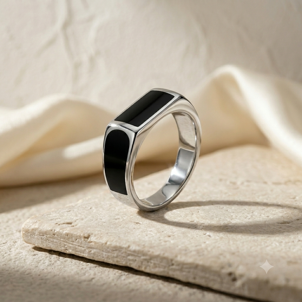 925 Sterling Silver Mens Black Enamel Statement Ring