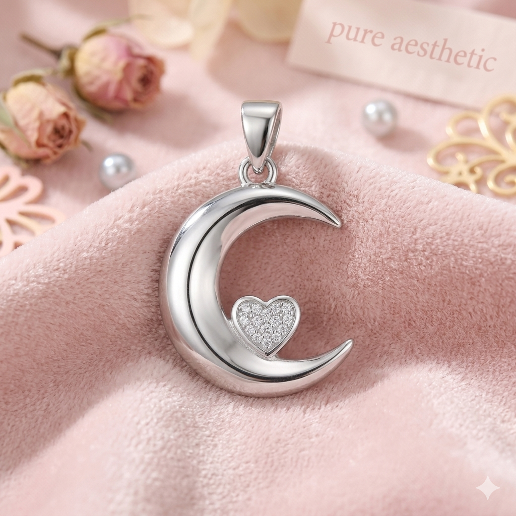 Sylvexia 925 Sterling Silver Moon Heart Pendant for Women with CZ