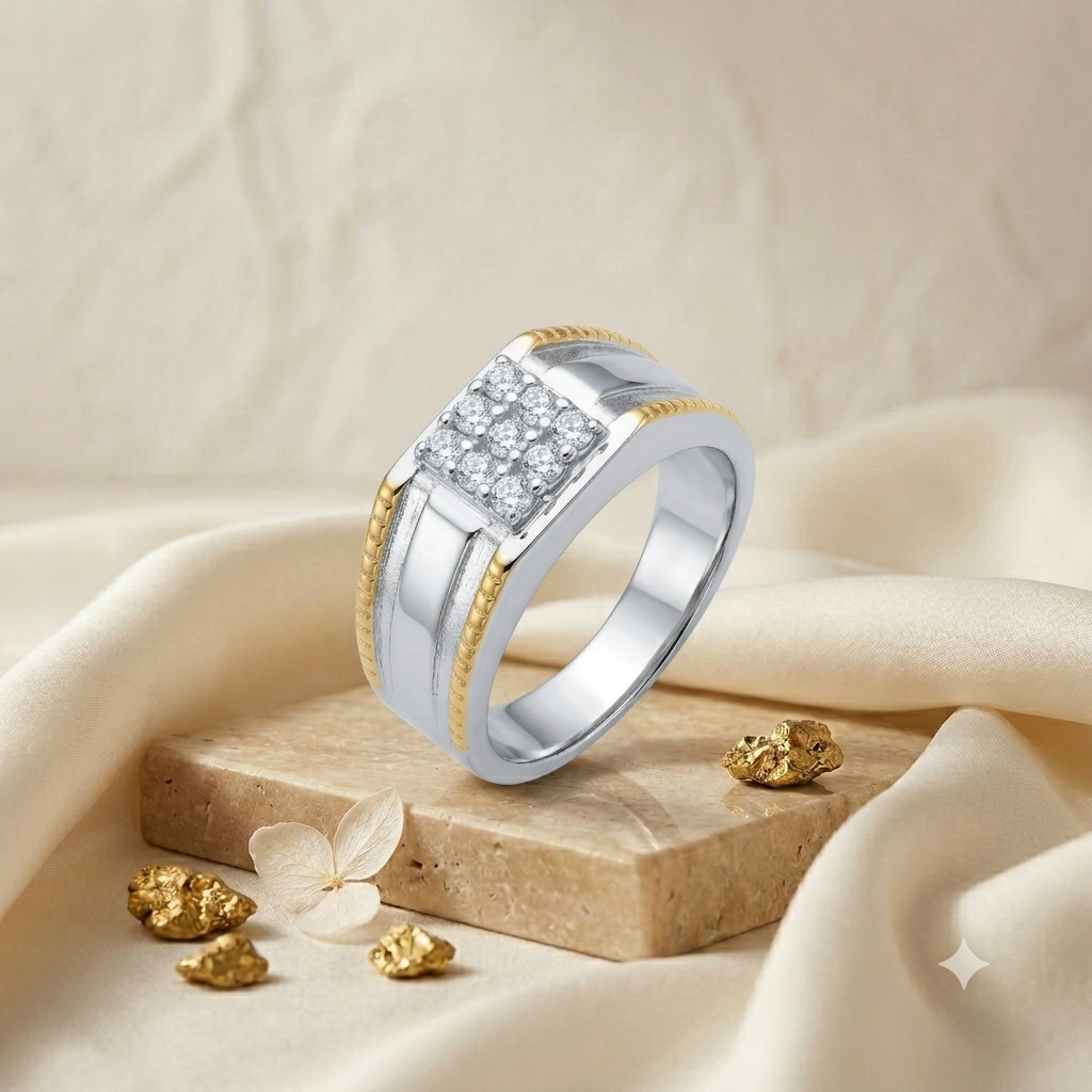 Two Tone 925 Sterling Silver Mens Square Cubic Zirconia Ring