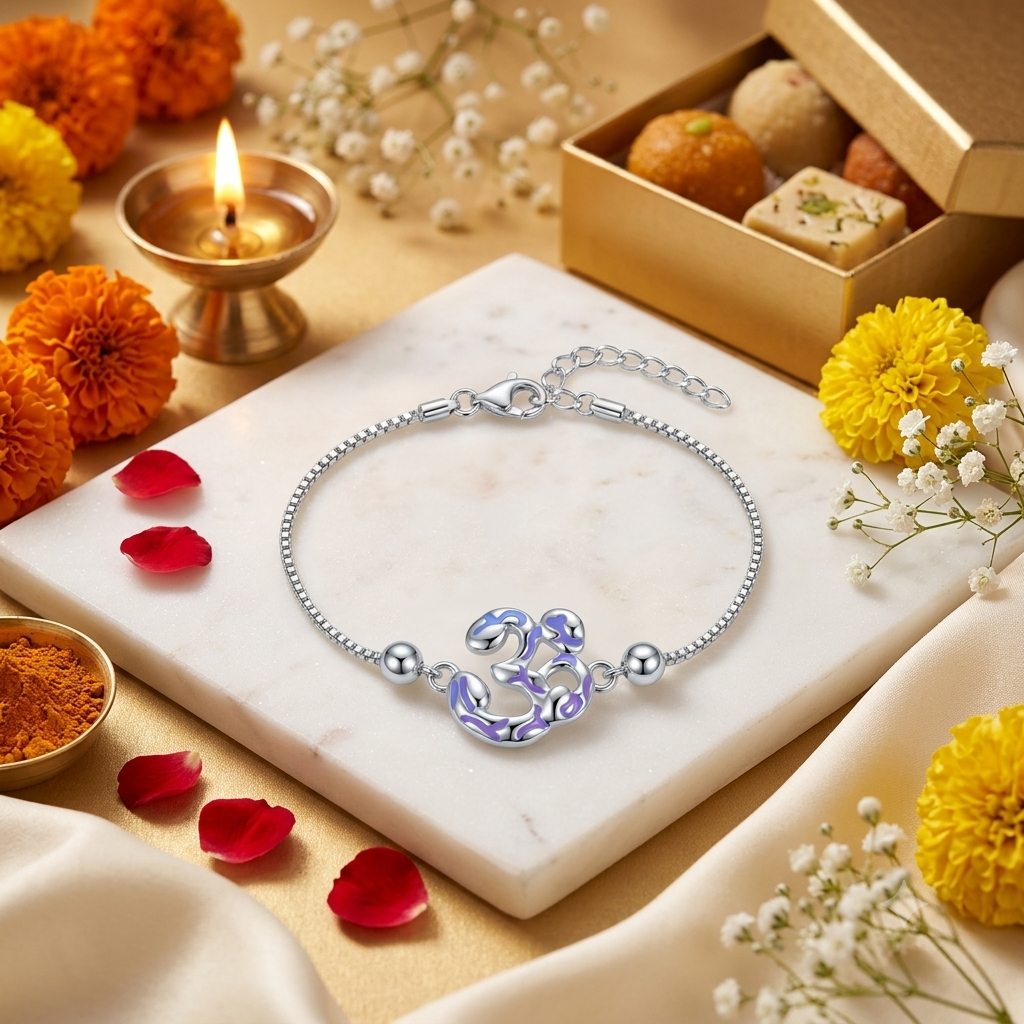 SYLVEXIA 925 Sterling Silver Blue Enamel Om Rakhi Bracelet for Brother