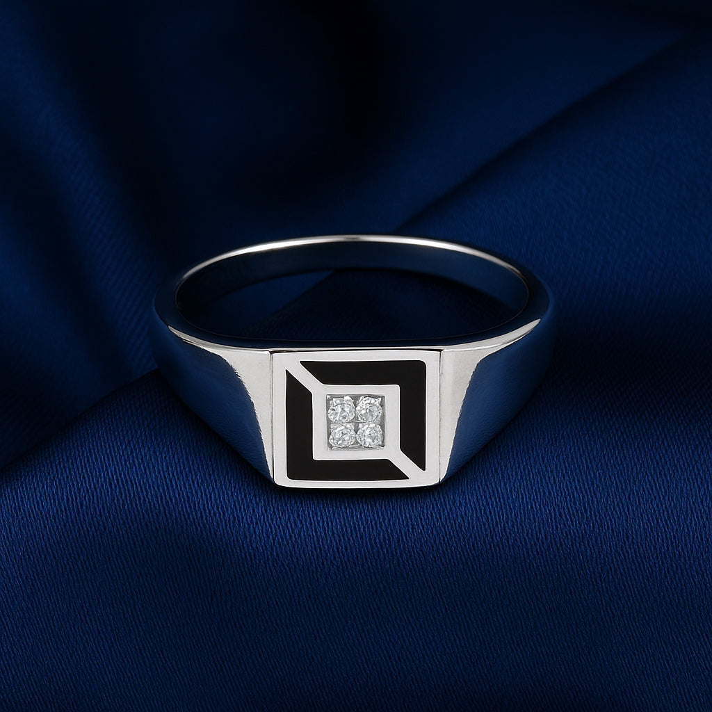 Sylvexia 925 Sterling Silver Men's Black Enamel CZ Signet Ring