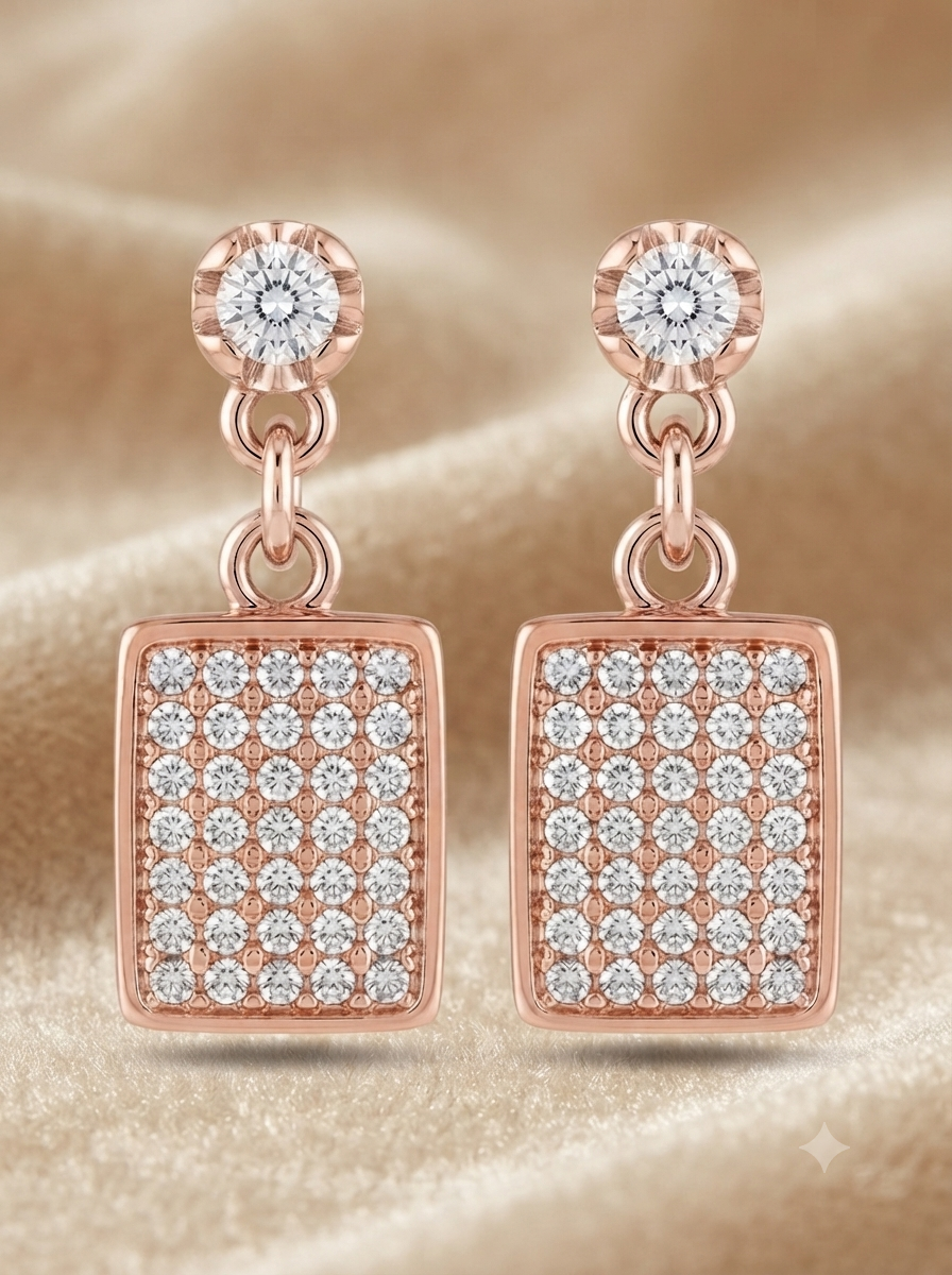 SYLVEXIA Women Rose Gold Crystal Studded Rectangle Earrings