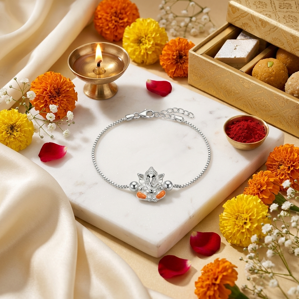 SYLVEXIA 925 Sterling Silver Orange Color Ganesha Rakhi Bracelet for Brother