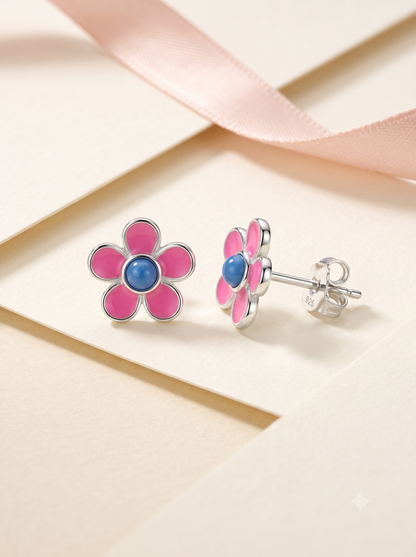 SYLVEXIA 925 Sterling Silver Pink Floral Stud Earrings for Girls