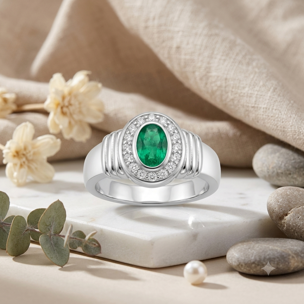 SYLVEXIA Oval Cut Green Emerald Halo Ring in 925 Sterling Silver for Women
