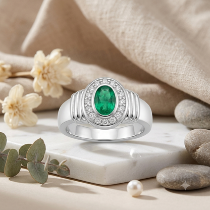 SYLVEXIA Oval Cut Green Emerald Halo Ring in 925 Sterling Silver for Women