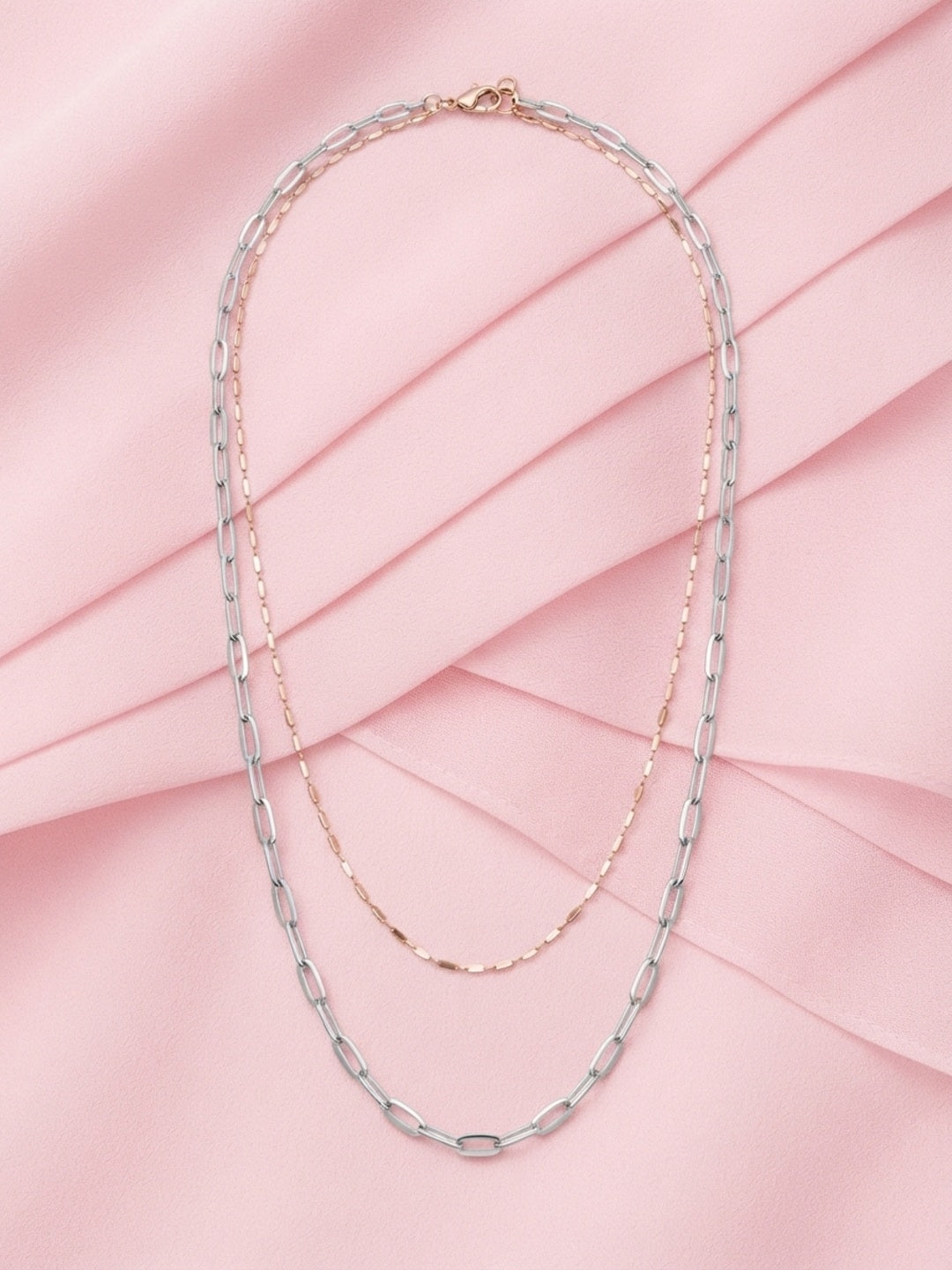 925 streling Silver Dual Layered Chain Necklace, Rose Gold and Silver Tone