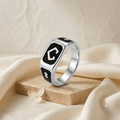 925 Sterling Silver Mens Black Enamel Greek Key Band Ring