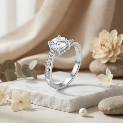 SYLVEXIA 925 Sterling Silver Classic Solitaire CZ Ring with Pavé Band