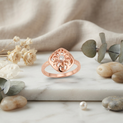 SYLVEXIA 925 Sterling Silver Rose Gold Plated Floral CZ Ring for Women