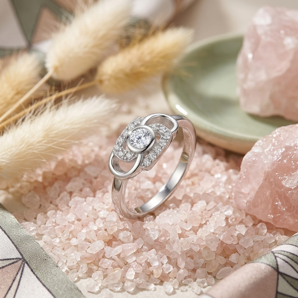 Sylvexia Elegant Interlocking Halo Cubic Zirconia Ring in Silver Tone