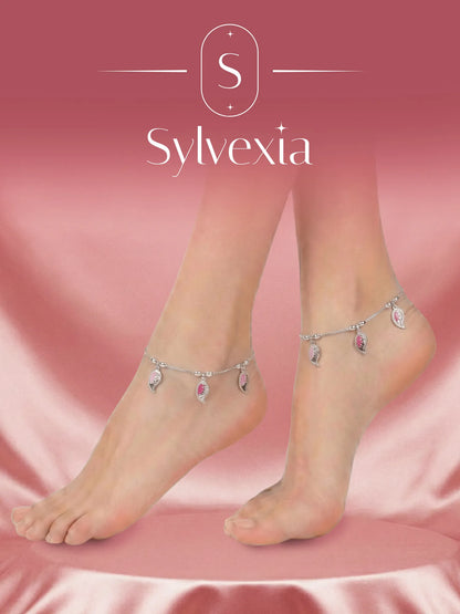 Sylvexia 925 Sterling Silver Pink Leaf Charm Anklet for Women