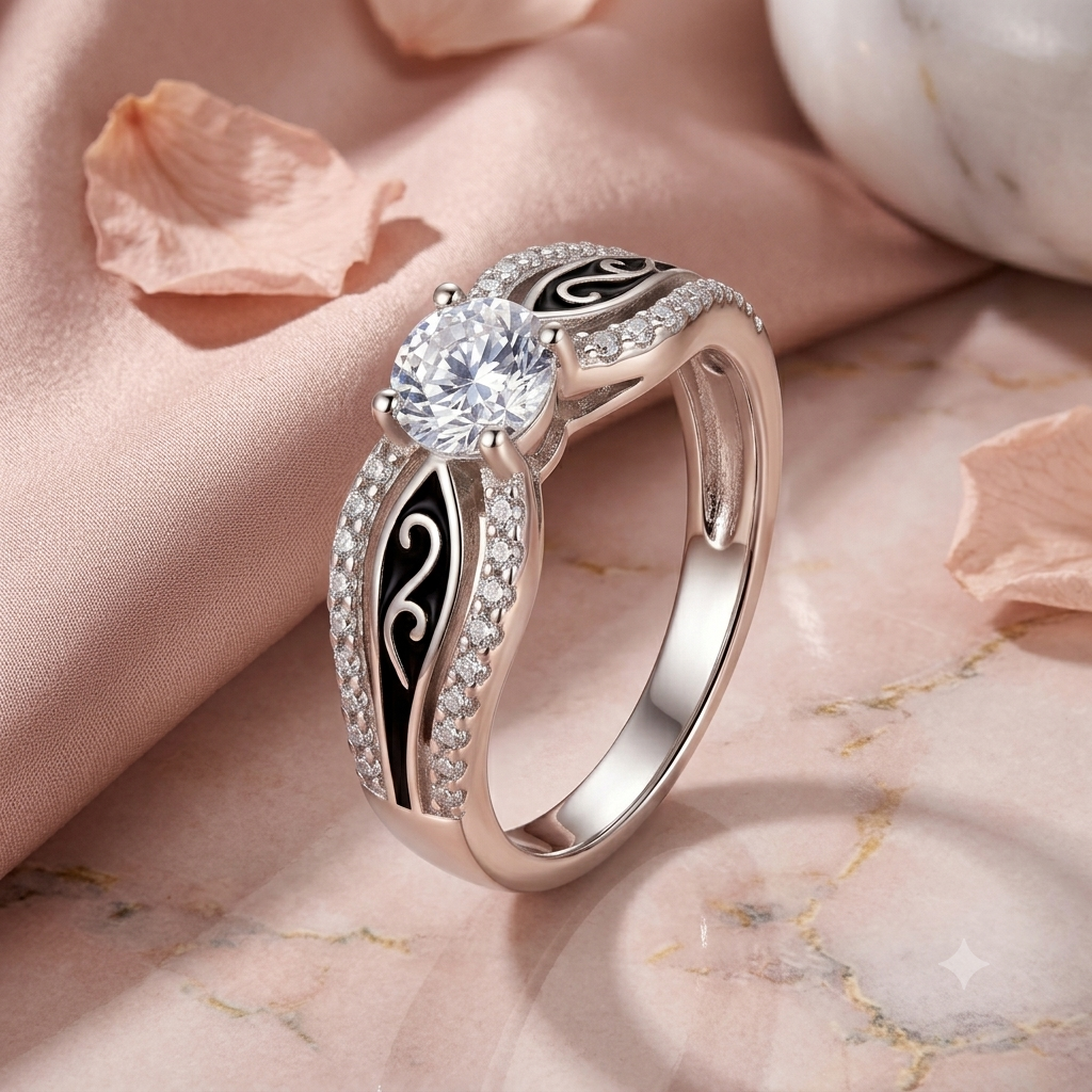 Sylvexia 925 Sterling Silver Black Enamel CZ Solitaire Ring for Women