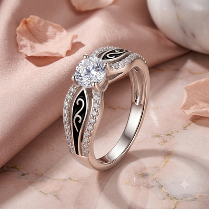Sylvexia 925 Sterling Silver Black Enamel CZ Solitaire Ring for Women