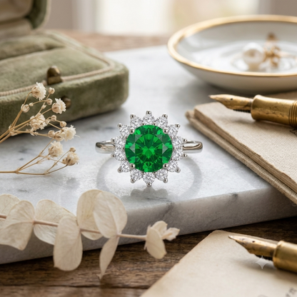 SYLVEXIA Round Cut Green Emerald Halo Ring in 925 Sterling Silver with CZ Accents for Women