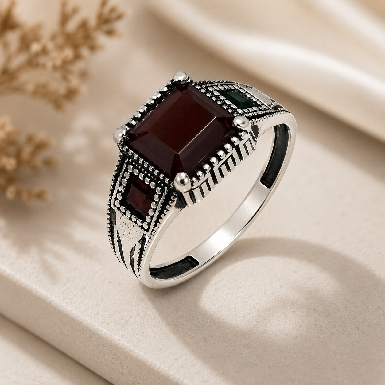 Sylvexia 925 Sterling Silver Men's Emerald Cut Garnet Statement Ring