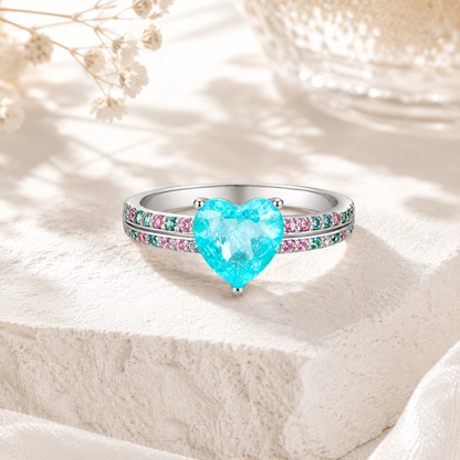 SYLVEXI 925 Sterling Silver Heart Ring with Aqua CZ Stone for Women