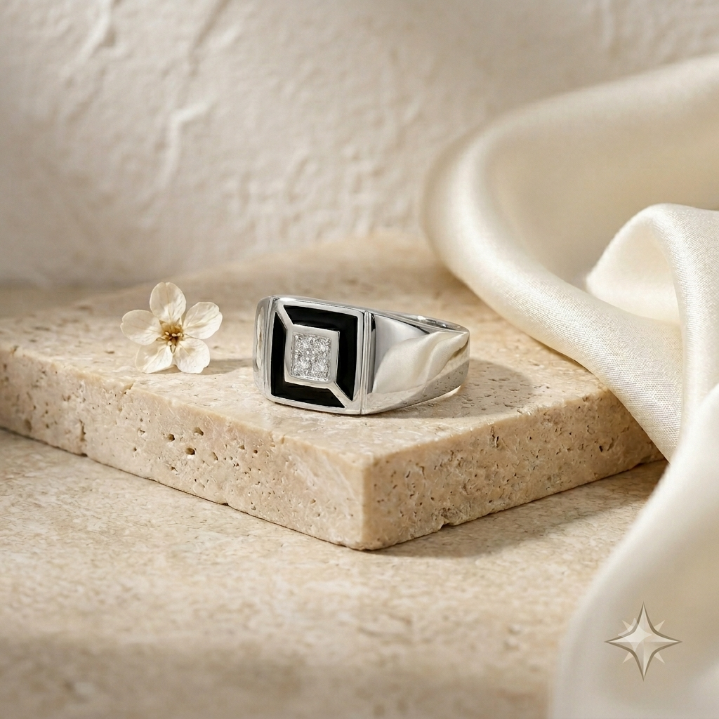 925 Sterling Silver Mens Black Enamel Square CZ Signet Ring