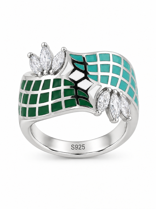SYLVEXIA 925 Sterling Silver Green Enamel CZ Floral Ring
