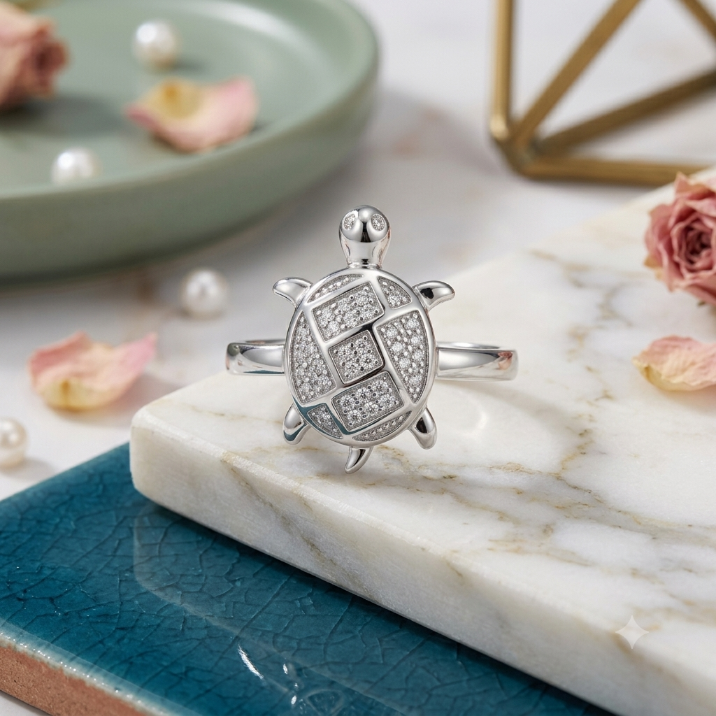 Sylvexia 925 Sterling Silver CZ Turtle Ring for Women