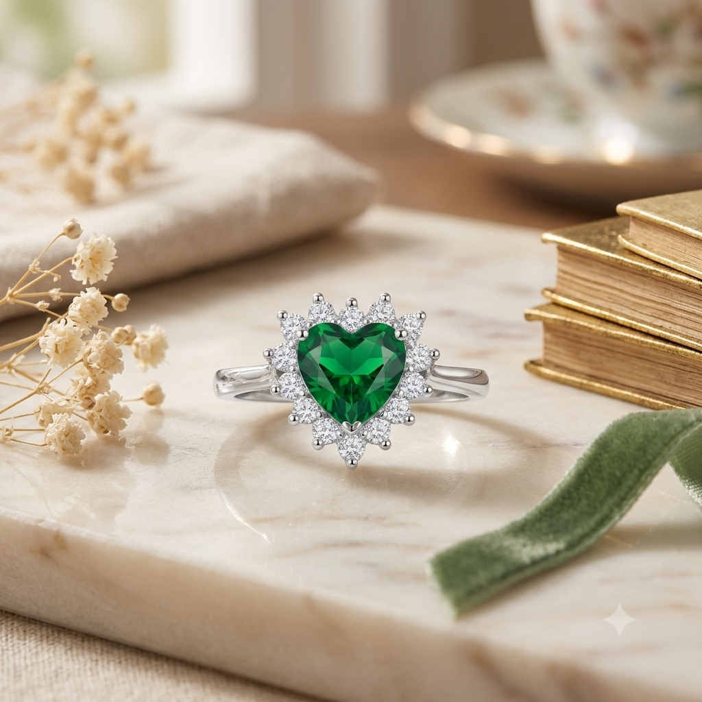 Sylvexia Heart Cut Green Emerald Halo Ring in 925 Sterling Silver Ring for Women